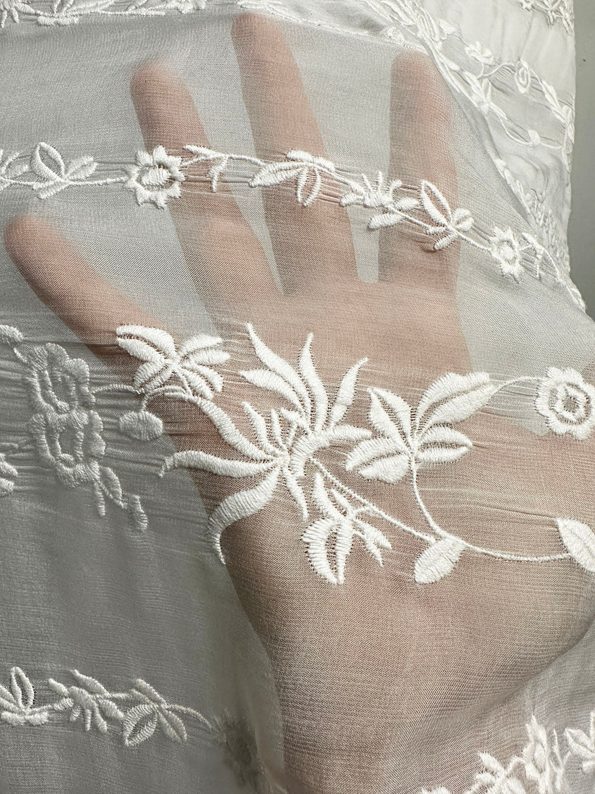 Floral Embroidered White Silk Chiffon - L'Etoffe Fabrics LLC