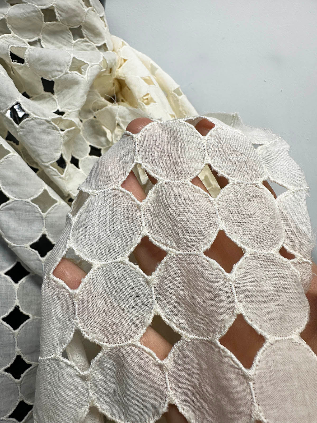 Italian Ivory Fine Embroidered Eyelet Dotted Cotton Shirting - L'Etoffe Fabrics LLC