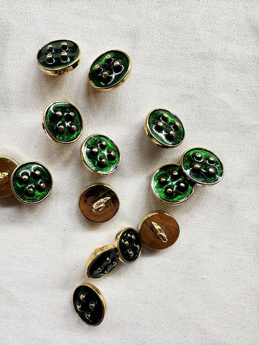 Vintage Italian Green Enamel and Gold Dot Buttons - L'Etoffe Fabrics LLC