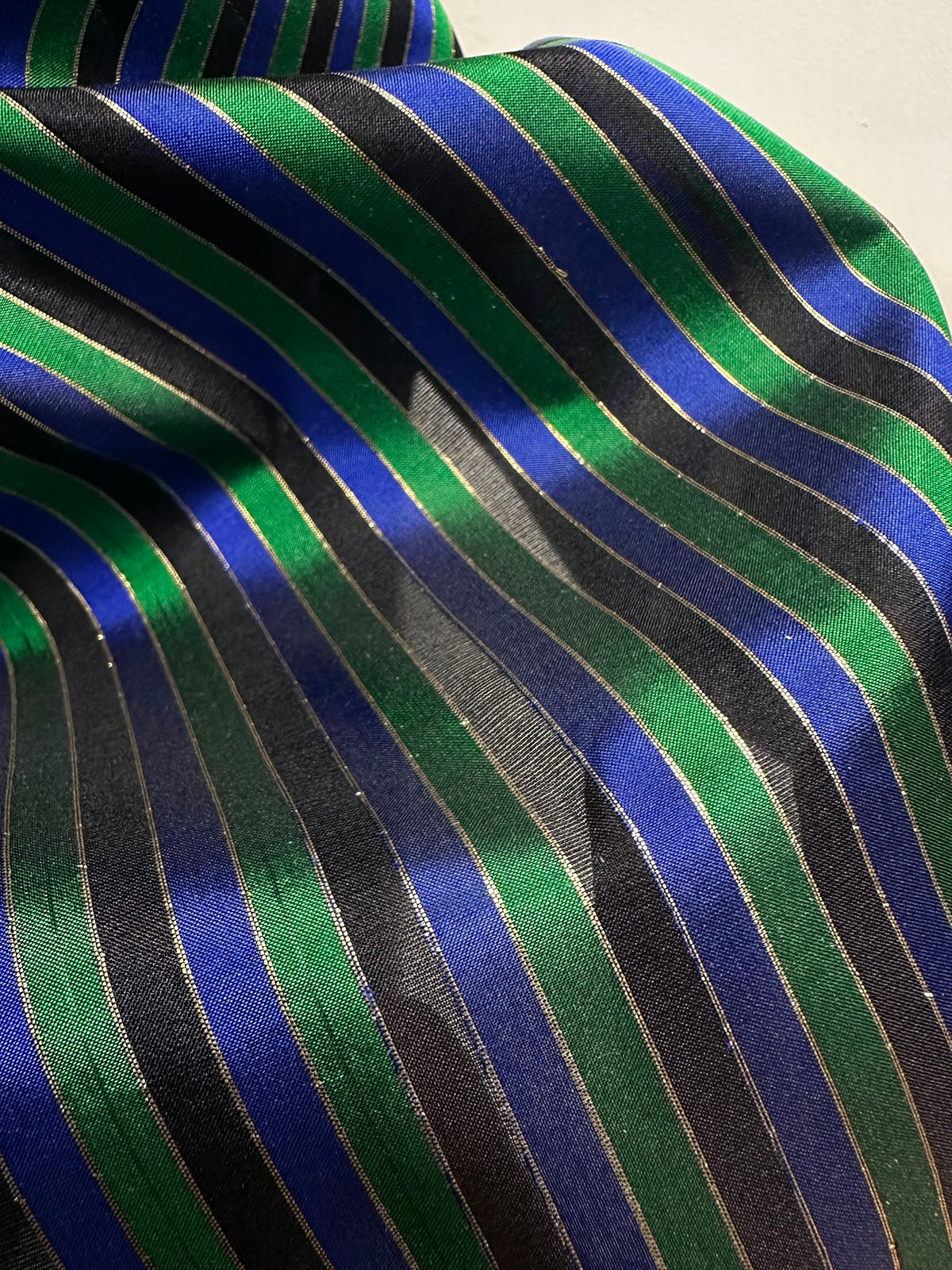Vintage Silk Striped Blue Gold Green Organza - L'Etoffe Fabrics LLC