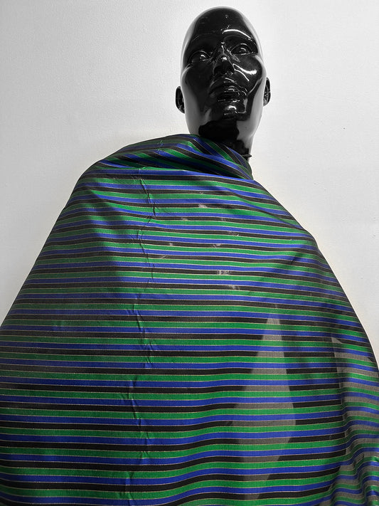 Vintage Silk Striped Blue Gold Green Organza - L'Etoffe Fabrics LLC