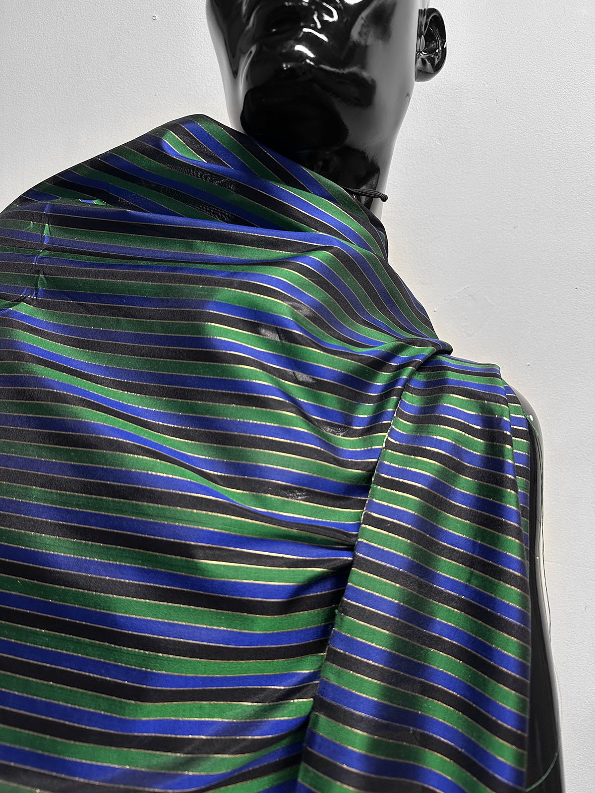 Vintage Silk Striped Blue Gold Green Organza - L'Etoffe Fabrics LLC