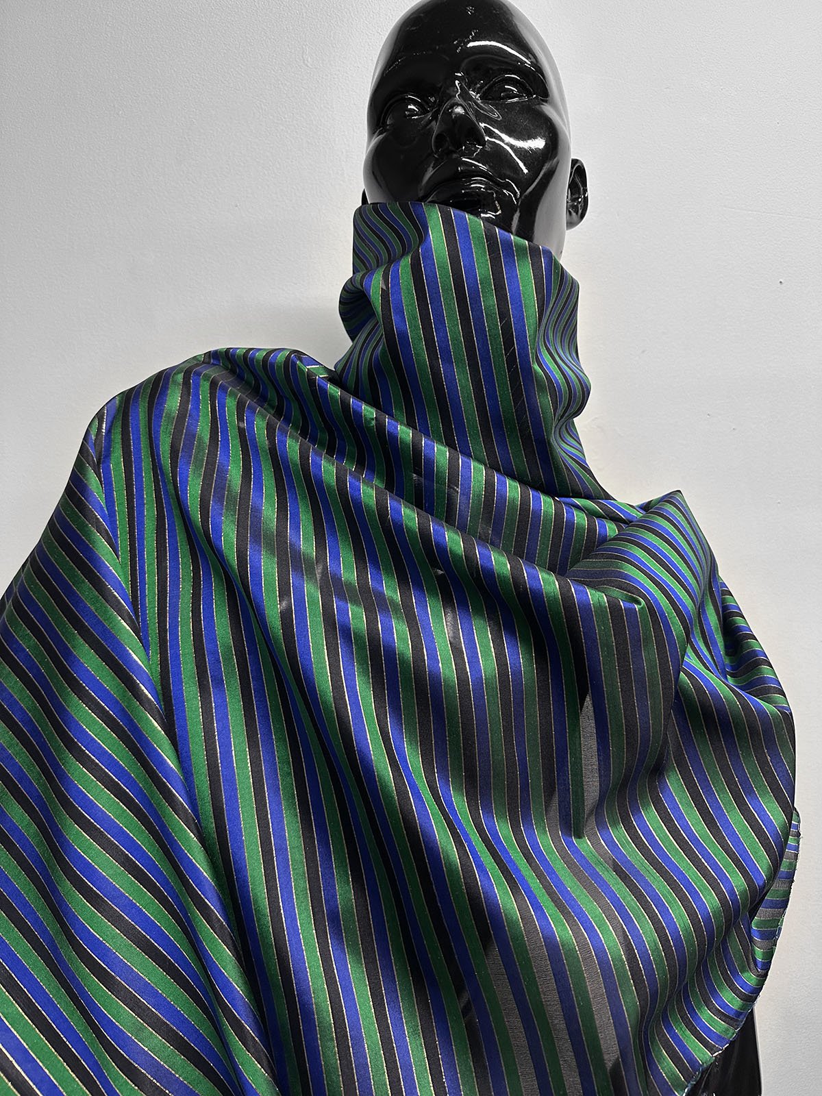 Vintage Silk Striped Blue Gold Green Organza - L'Etoffe Fabrics LLC