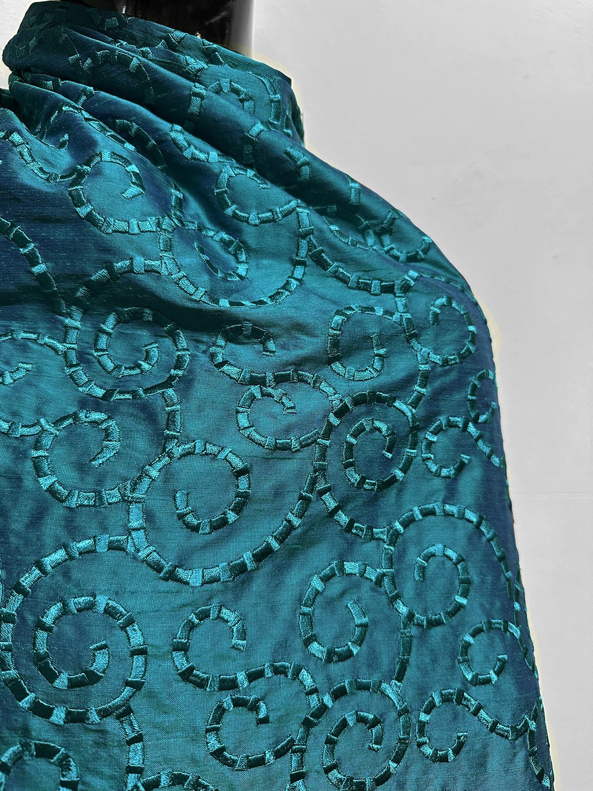 2 1/3 Yards Embroidered Iridescent Silk Dupioni - L'Etoffe Fabrics LLC