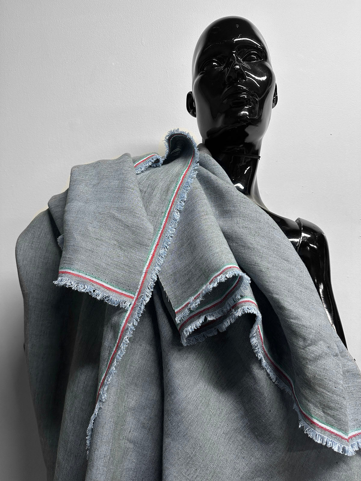 Italian Two Tone Light Blue Olive Slub -Striped Selvedge
