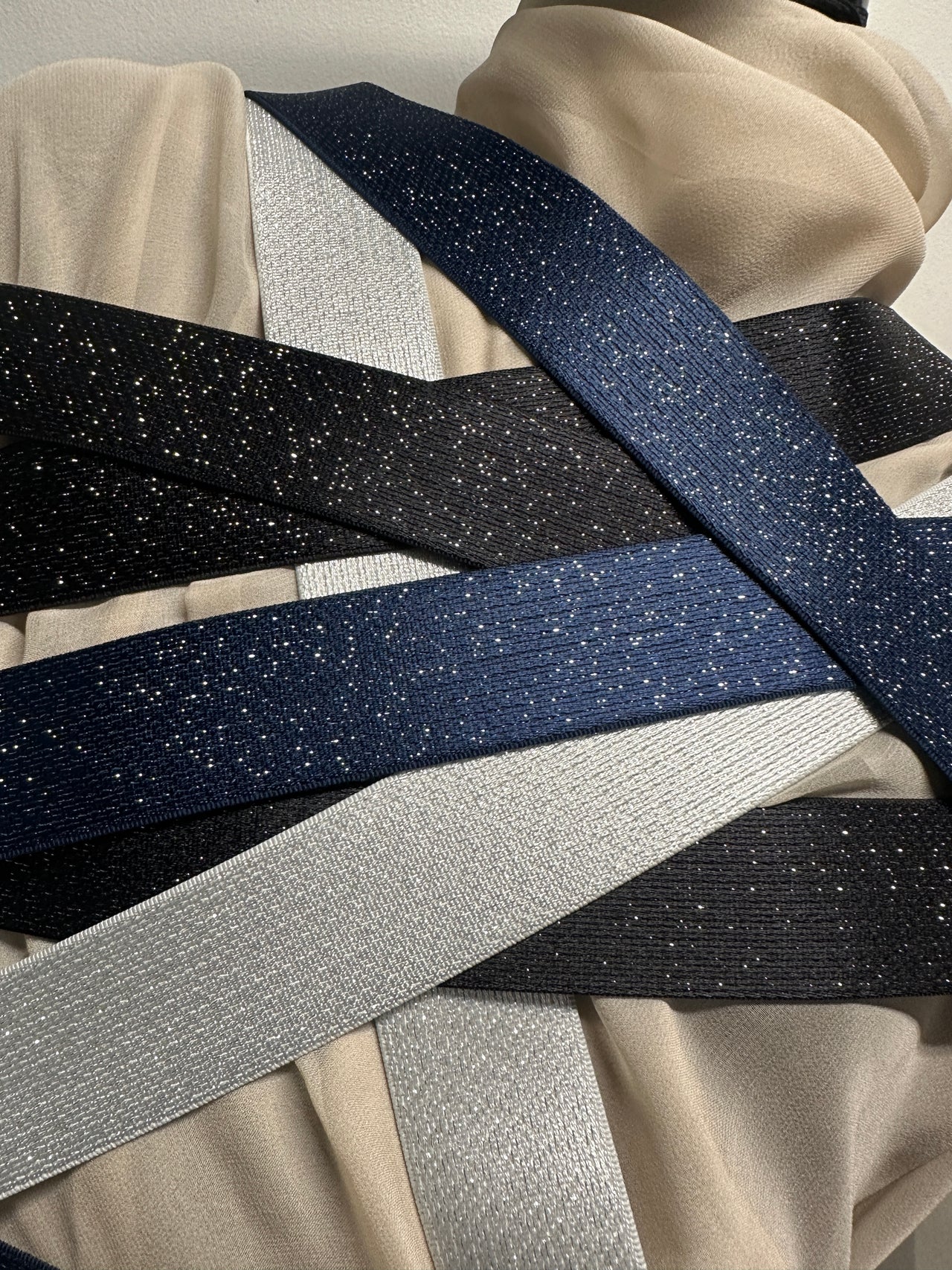 Luxury Lamé Satin Waistband Elastic Silver, Navy, Black 40mm