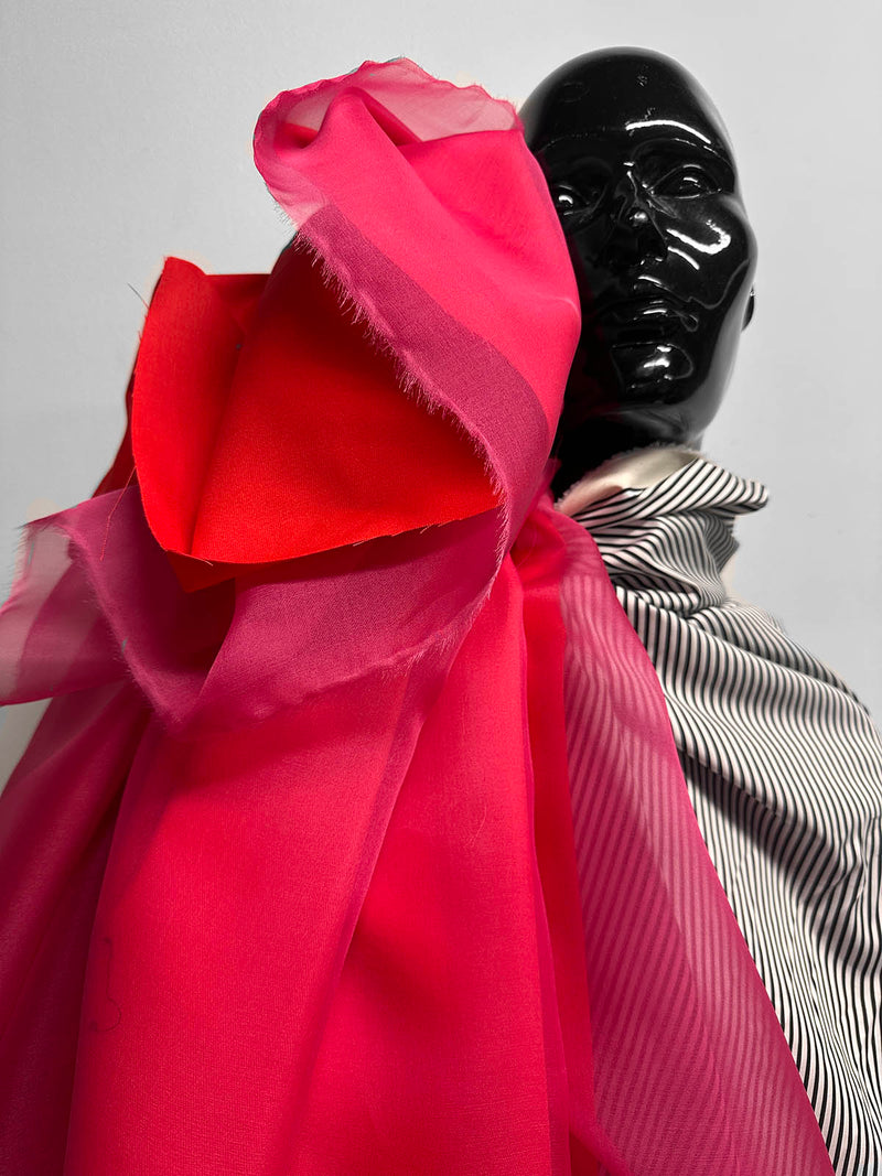 pairing pink chiffon on red twill on black and white striped shirting