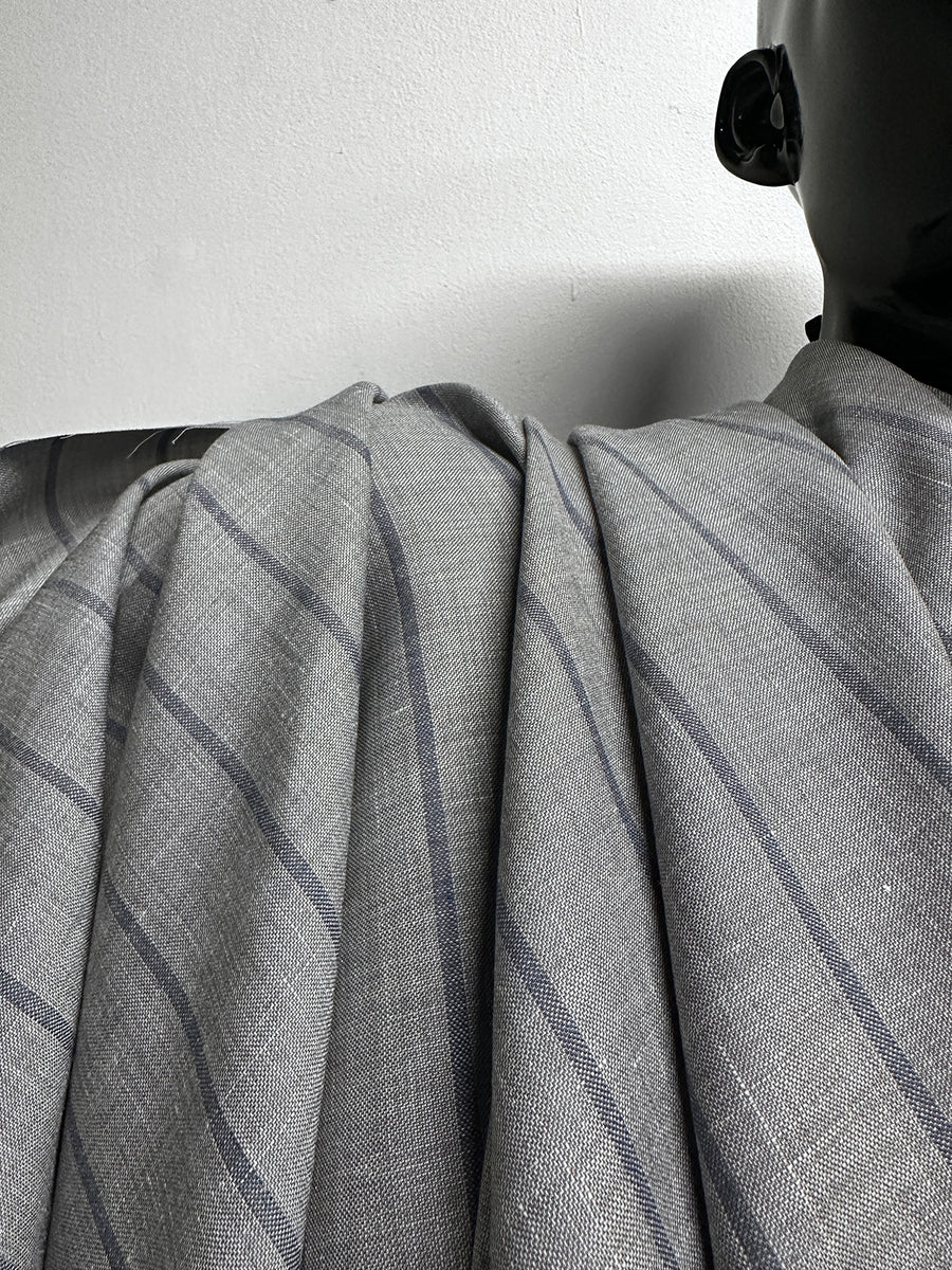 Luxury Italian Striped Shirting Gray Slub with a Chambray Navy Stripe
