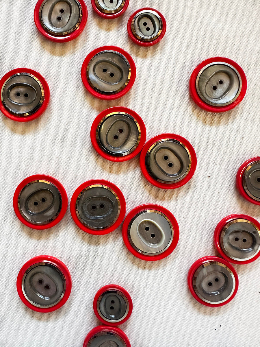 Vintage Italian Space Age 1960's Red Facet Rimmed Shell Buttons