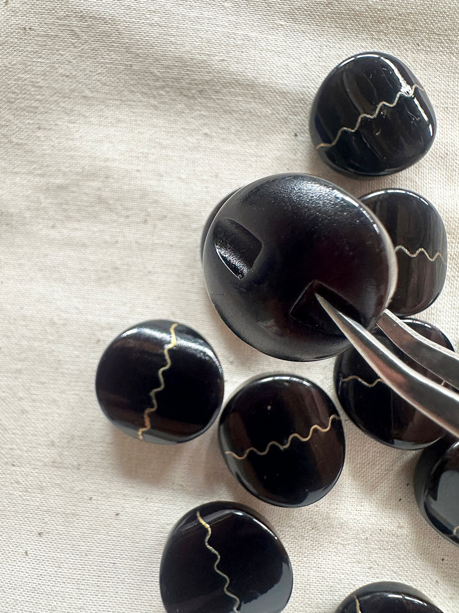 Vintage Italian Black Glossy Oval with Brass Squiggle Stripe