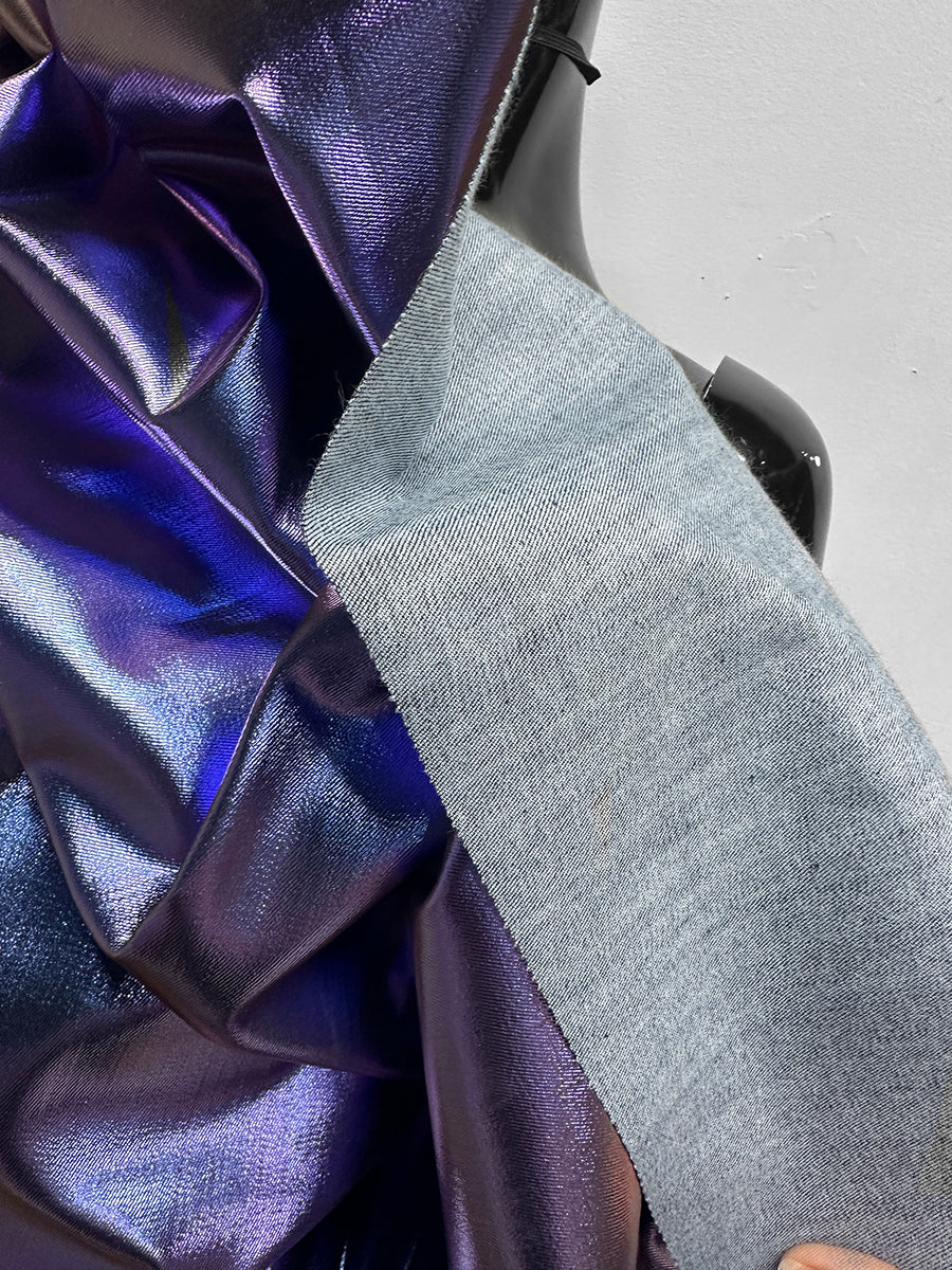 Italian Metallic Designer Laminated Denim - Purple