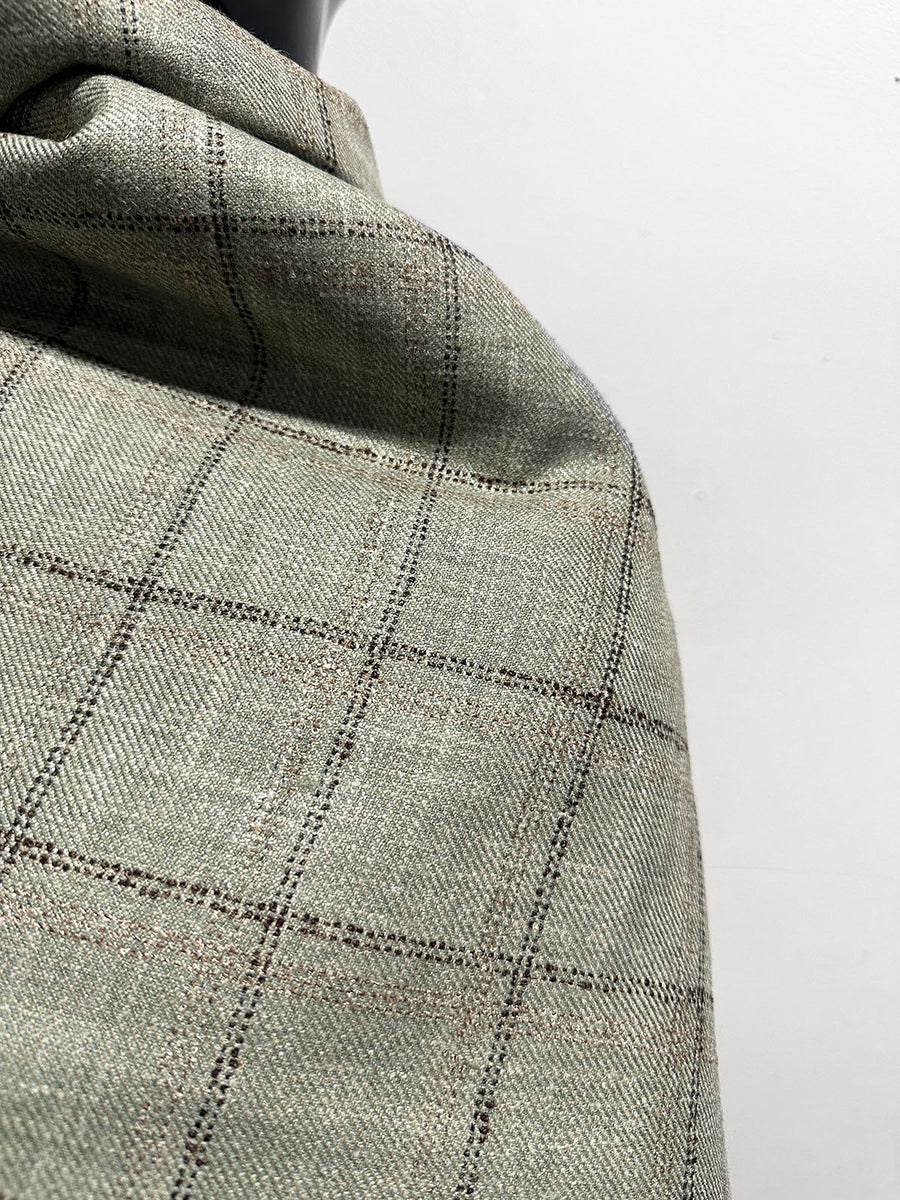 Classic Italian Check Silk Linen Virgin Wool Suiting - Sage, Tan