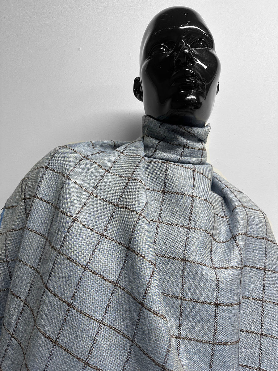 Classic Italian Check Silk Linen Virgin Wool Suiting - Blue, Tan