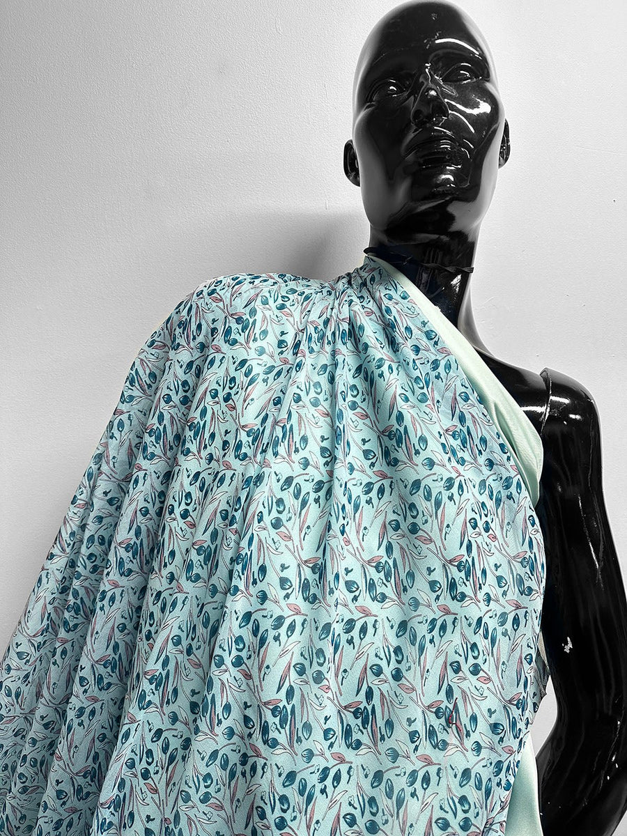 Aqua Silk Crepe Tulip Print - L'Etoffe Fabrics LLC