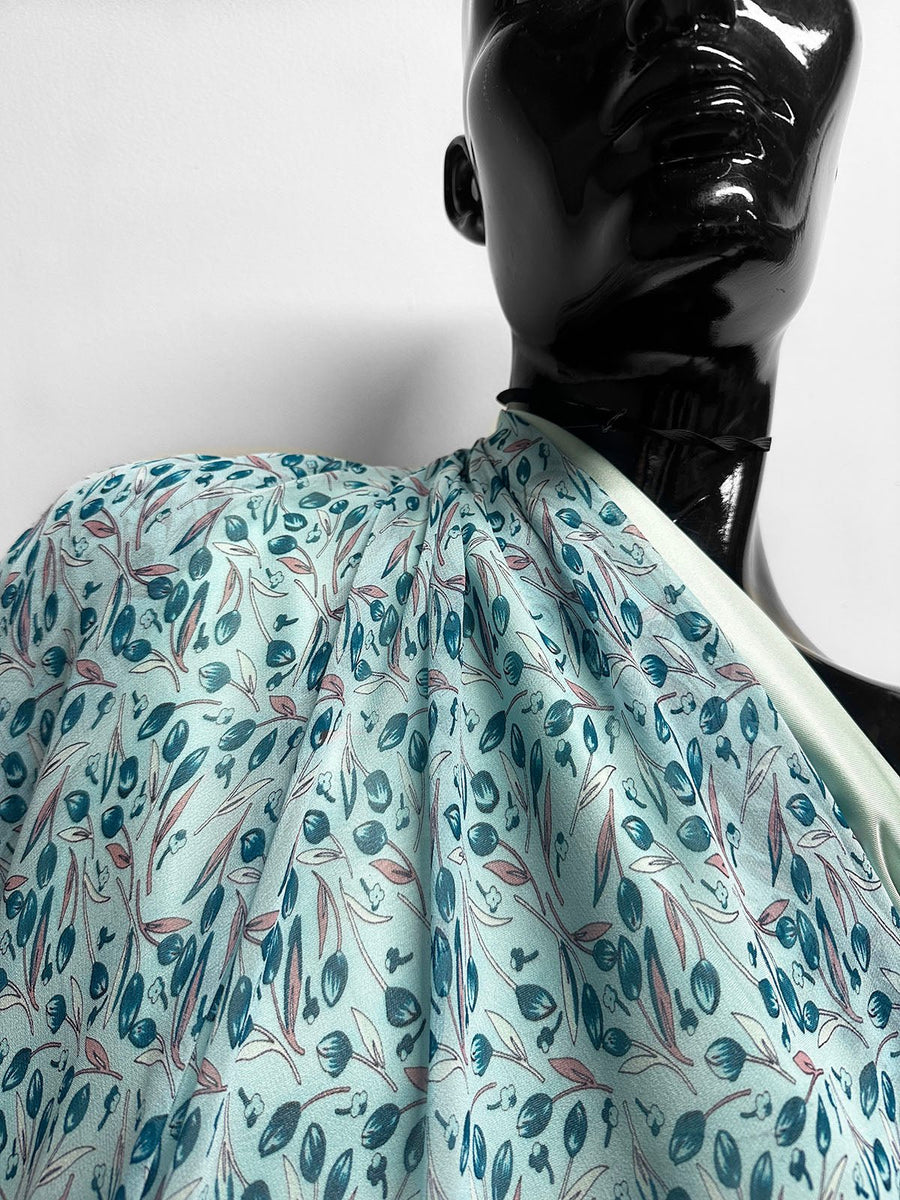 Aqua Silk Crepe Tulip Print - L'Etoffe Fabrics LLC