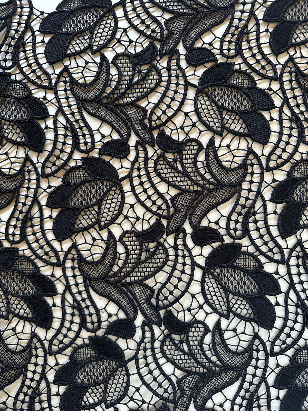 Back In Stock! Satin Guipure Black Lace - L'Etoffe Fabrics LLC