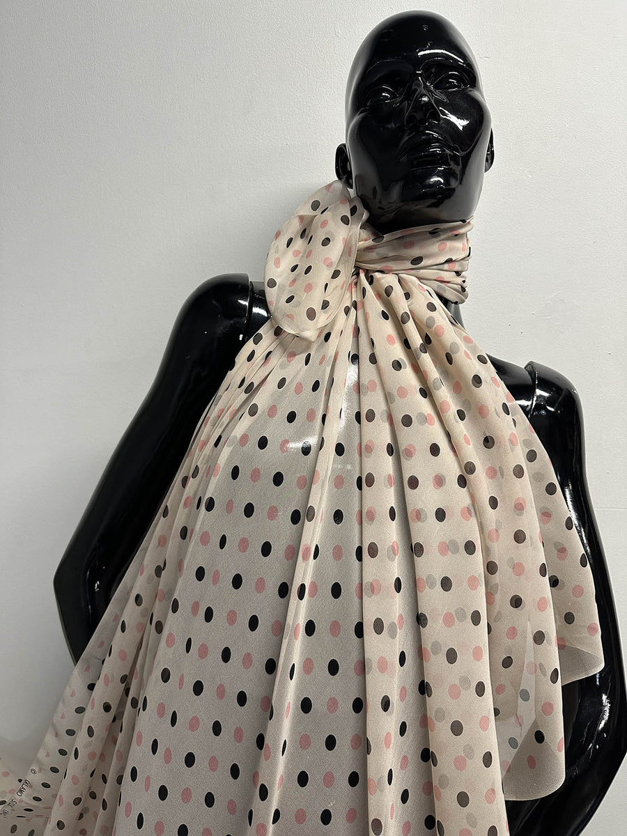 Beige Pink Black Polka Dot Silk Chiffon - L'Etoffe Fabrics LLC