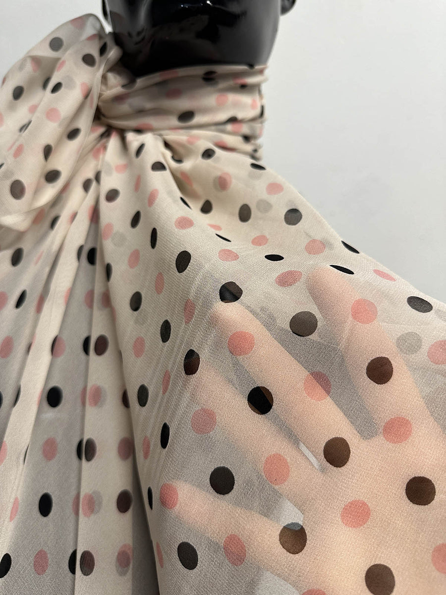 Beige Pink Black Polka Dot Silk Chiffon - L'Etoffe Fabrics LLC