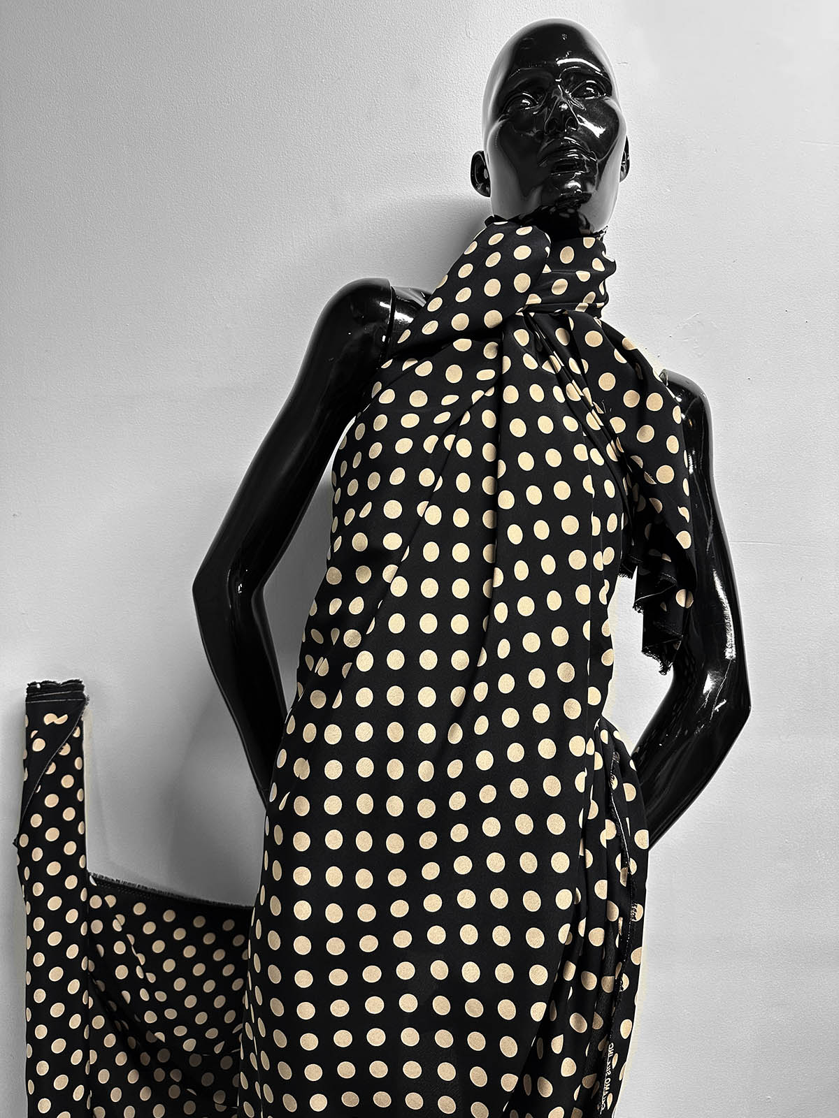 Black Beige Polka Dot Silk Crepe De Chine - L'Etoffe Fabrics LLC