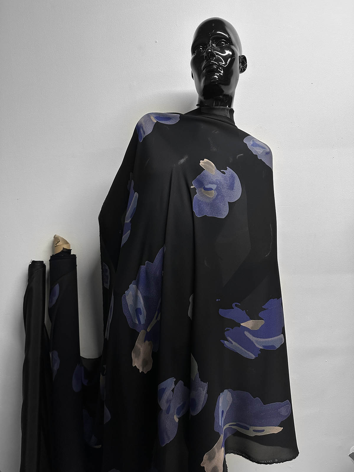 Black Georgette Diva Silk Blue Floral - L'Etoffe Fabrics LLC