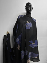 Black Georgette Diva Silk Blue Floral - L'Etoffe Fabrics LLC