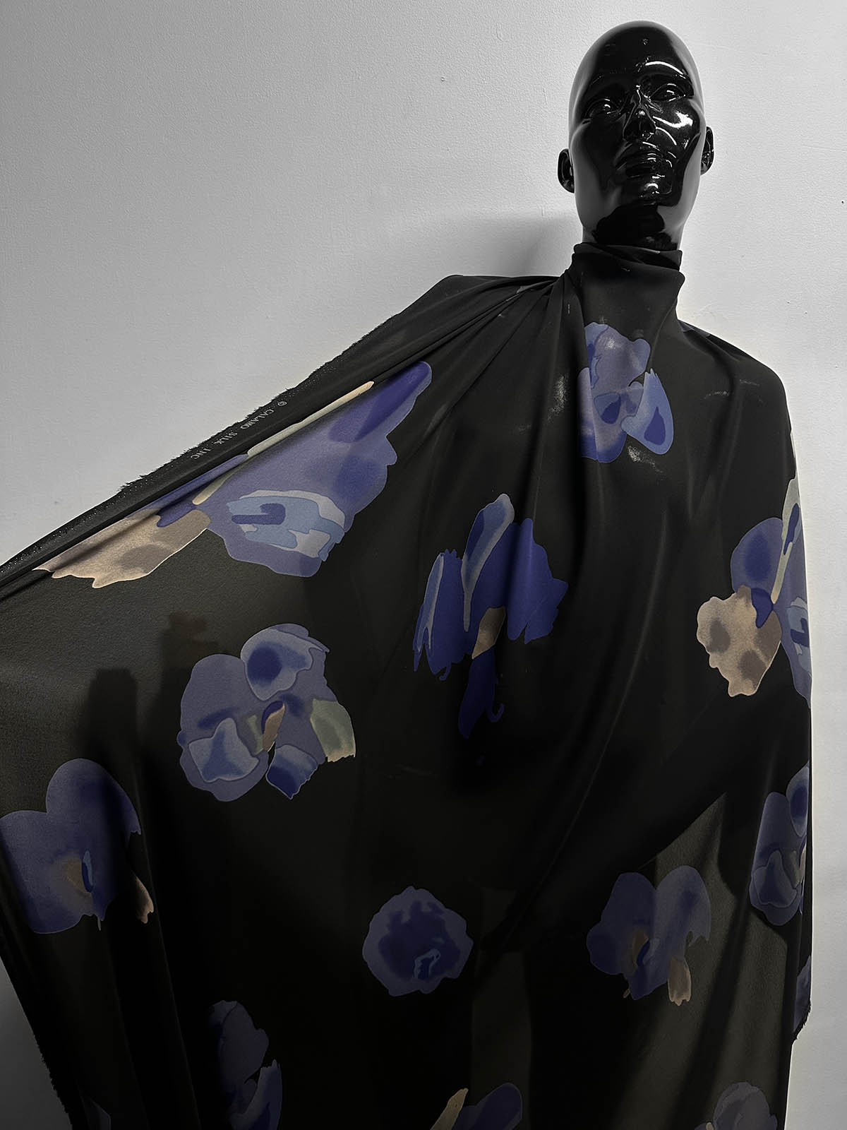 Black Georgette Diva Silk Blue Floral - L'Etoffe Fabrics LLC