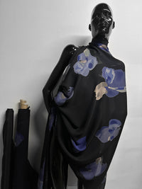 Black Georgette Diva Silk Blue Floral - L'Etoffe Fabrics LLC