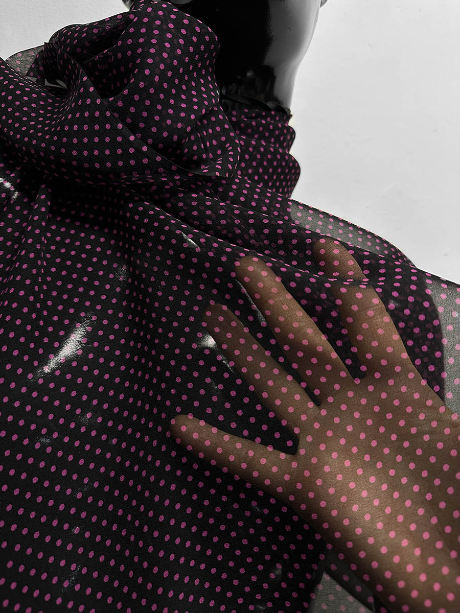 Black Hot Pink Polka Dot Silk Chiffon - L'Etoffe Fabrics LLC