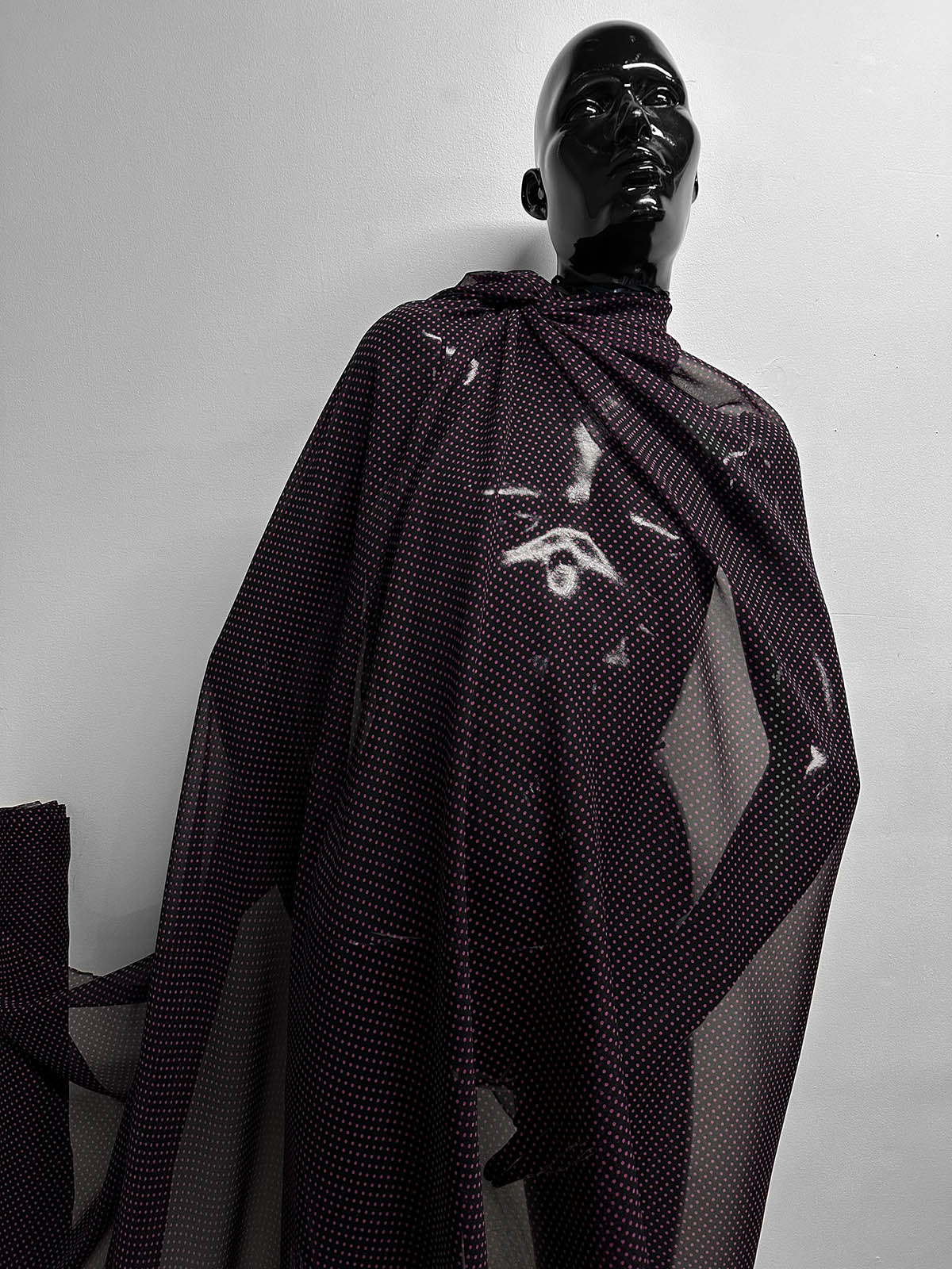 Black Hot Pink Polka Dot Silk Chiffon - L'Etoffe Fabrics LLC