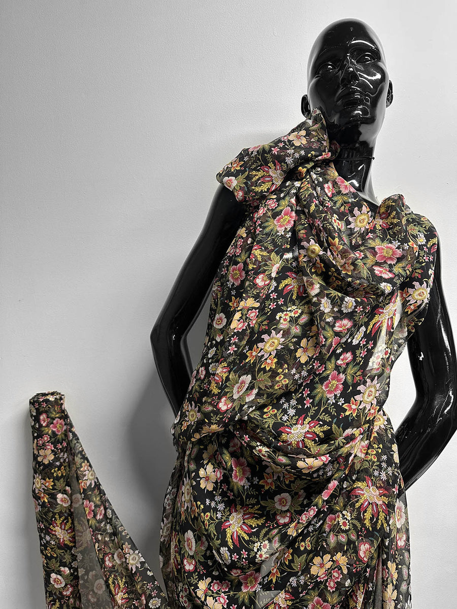 Black Passionflower Silk Crepe - L'Etoffe Fabrics LLC