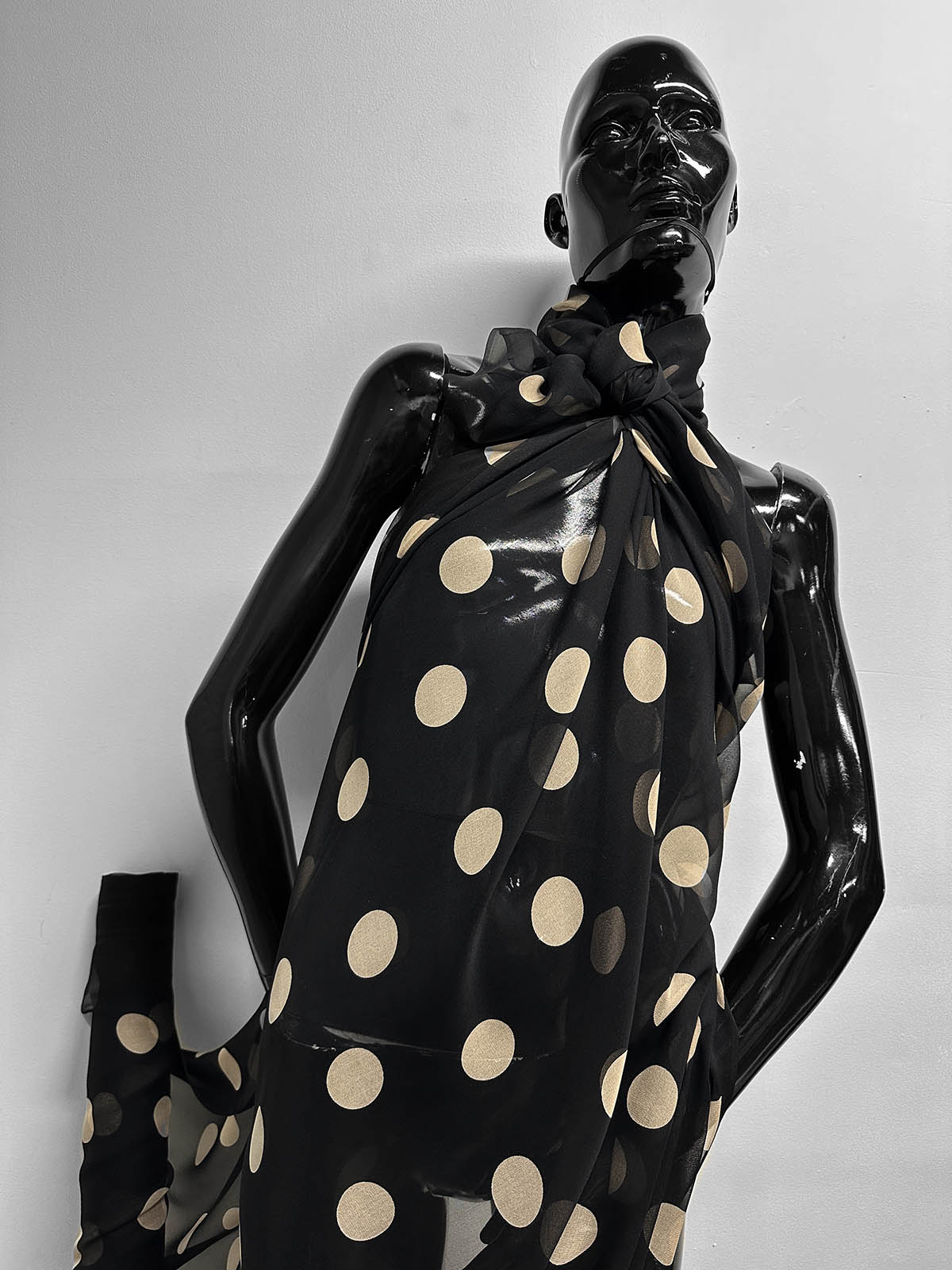 Black SIlk Chiffon Large Beige Polka Dots - L'Etoffe Fabrics LLC