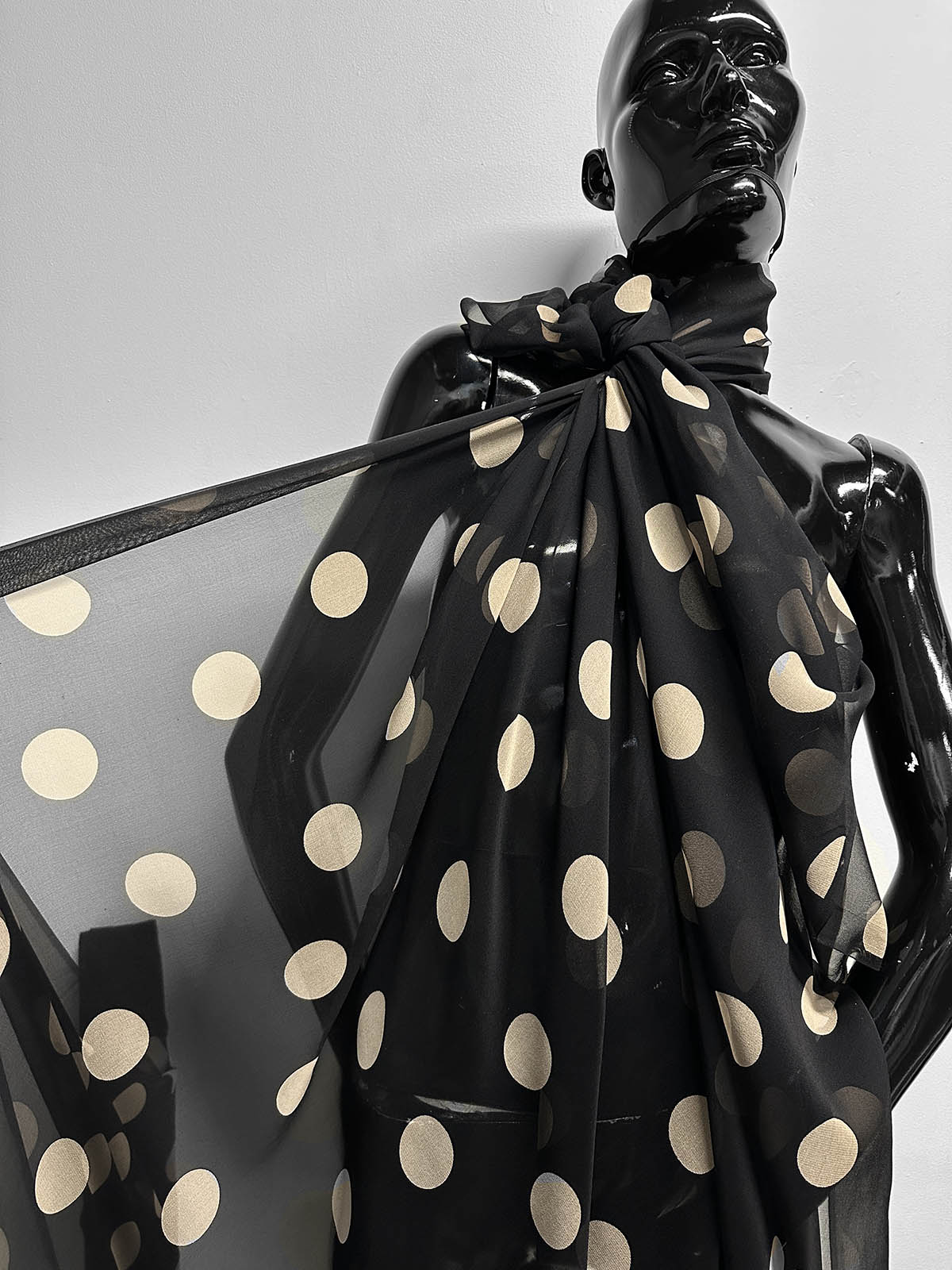 Black SIlk Chiffon Large Beige Polka Dots - L'Etoffe Fabrics LLC