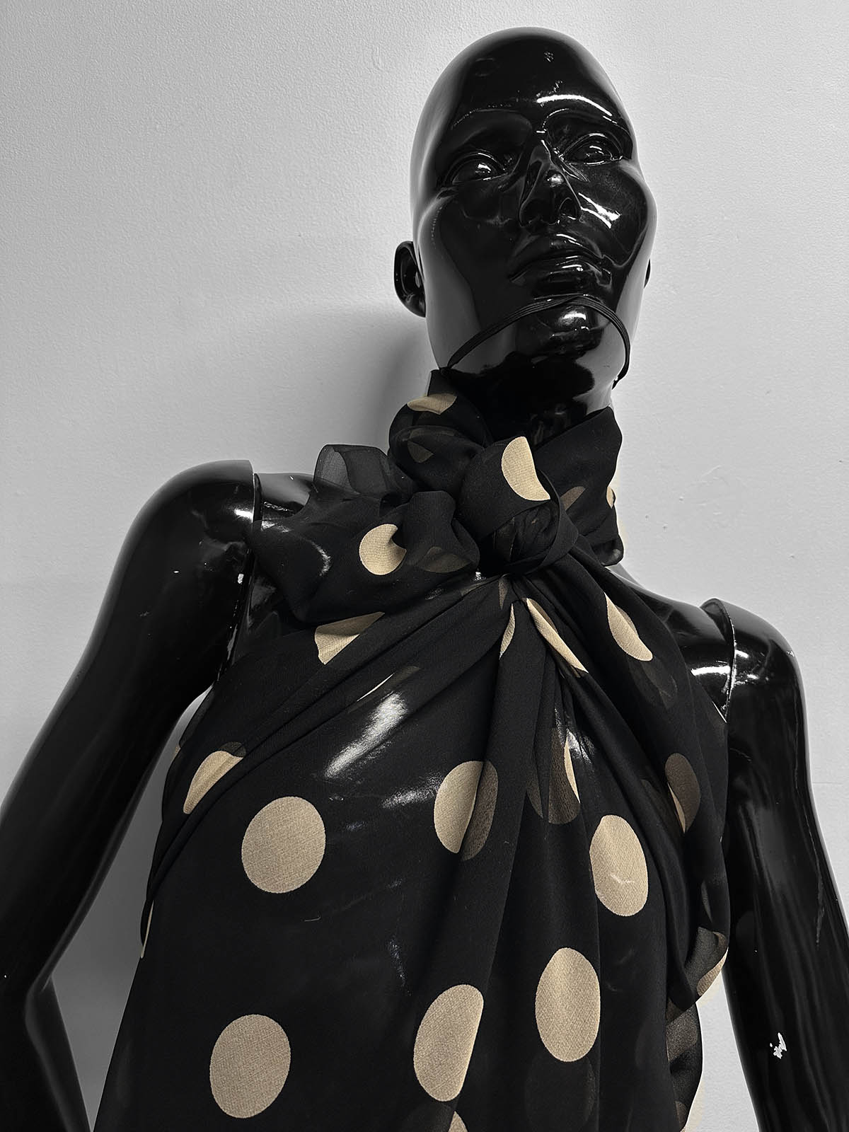 Black SIlk Chiffon Large Beige Polka Dots - L'Etoffe Fabrics LLC