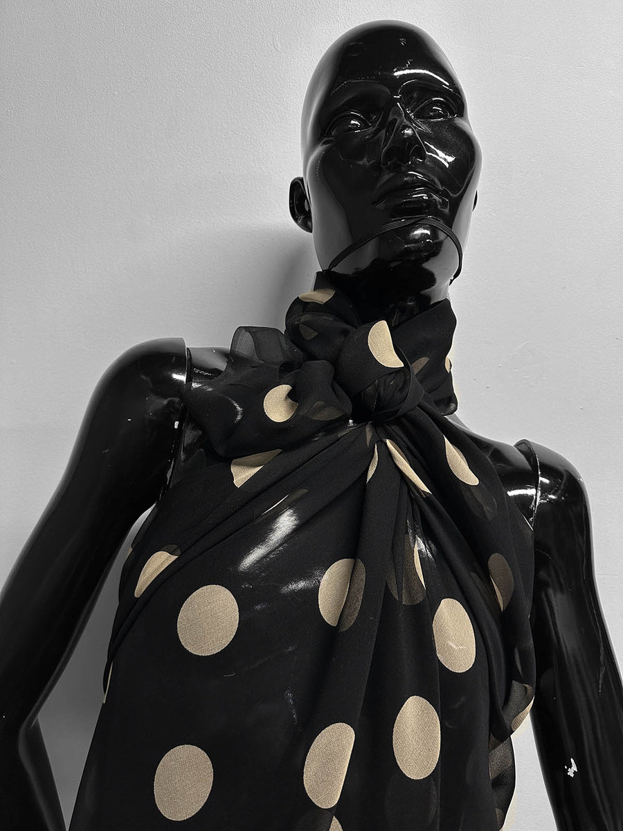 Black SIlk Chiffon Large Beige Polka Dots - L'Etoffe Fabrics LLC