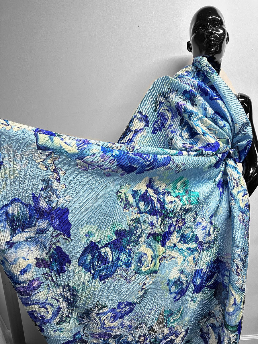 Blue Floral Carlo Pozzi Pleated Silk Jacquard - L'Etoffe Fabrics LLC