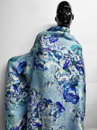 Blue Floral Carlo Pozzi Pleated Silk Jacquard - L'Etoffe Fabrics LLC