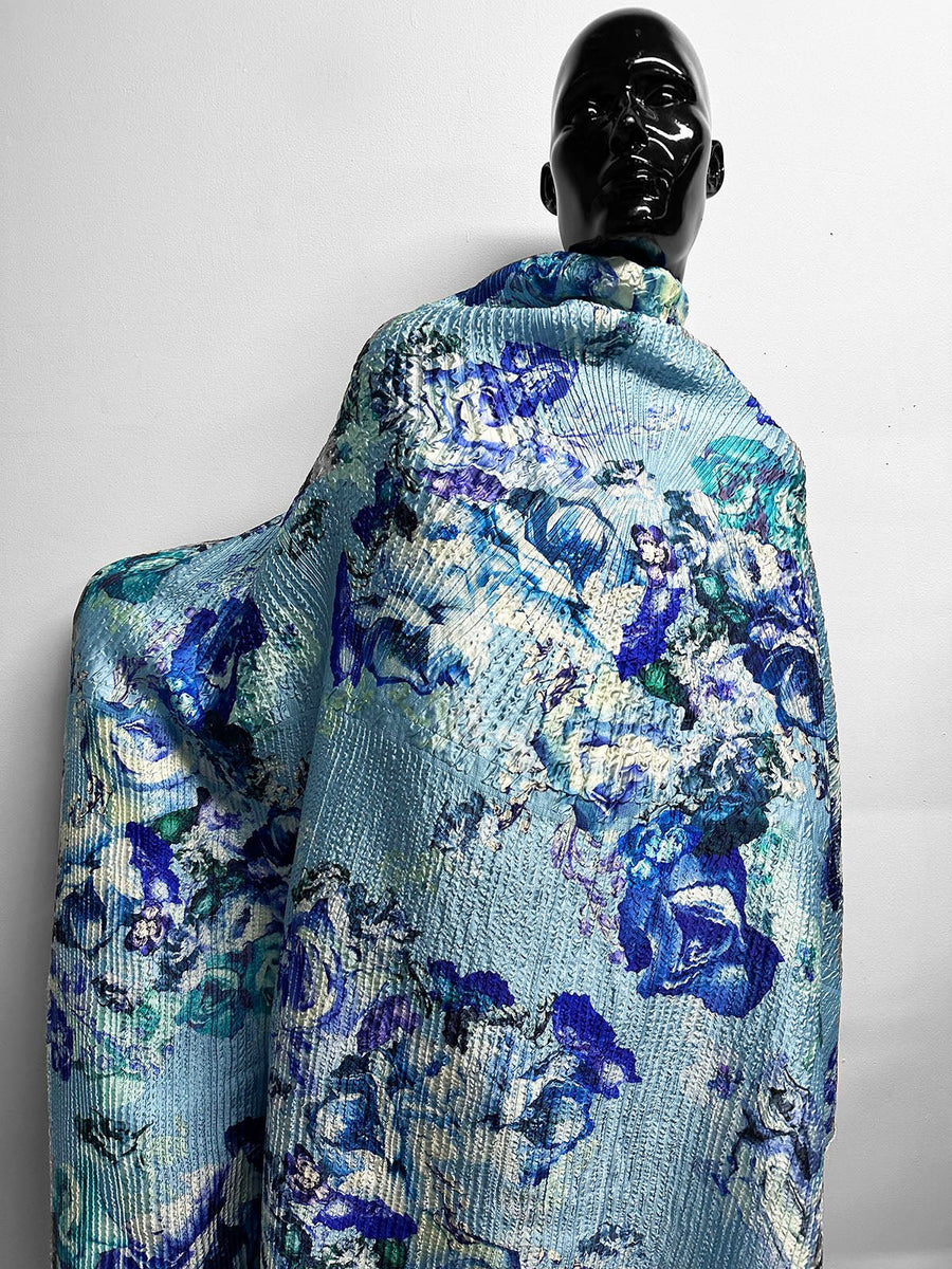 Blue Floral Carlo Pozzi Pleated Silk Jacquard - L'Etoffe Fabrics LLC
