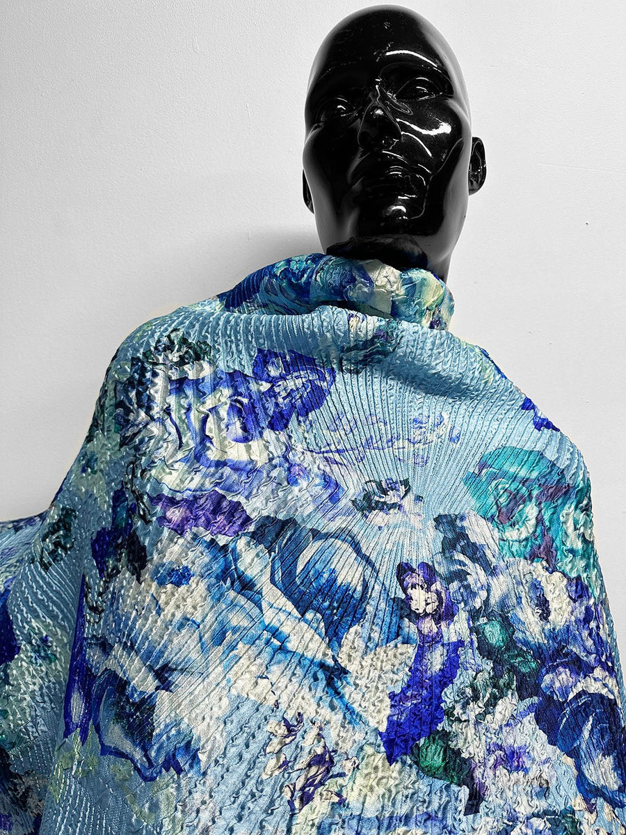 Blue Floral Carlo Pozzi Pleated Silk Jacquard - L'Etoffe Fabrics LLC