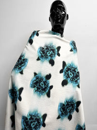 Blue Floral Seersucker Soft Drape Cotton Viscose - L'Etoffe Fabrics LLC