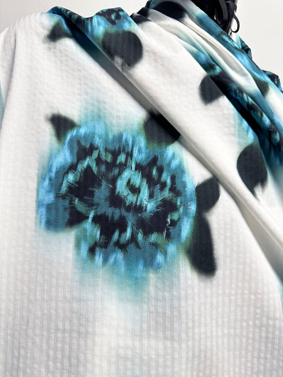 Blue Floral Seersucker Soft Drape Cotton Viscose - L'Etoffe Fabrics LLC