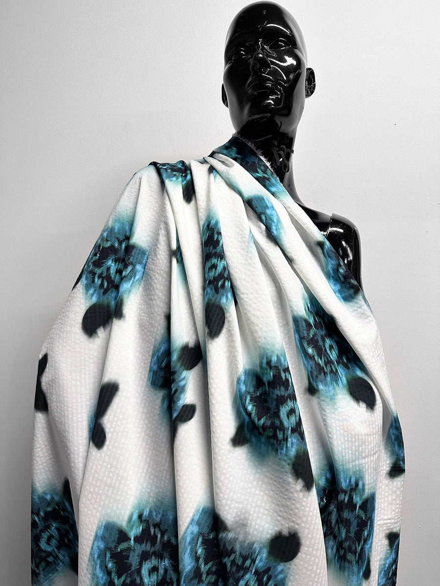 Blue Floral Seersucker Soft Drape Cotton Viscose - L'Etoffe Fabrics LLC