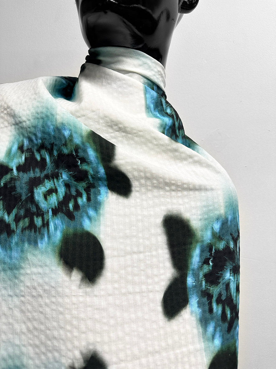 Blue Floral Seersucker Soft Drape Cotton Viscose - L'Etoffe Fabrics LLC