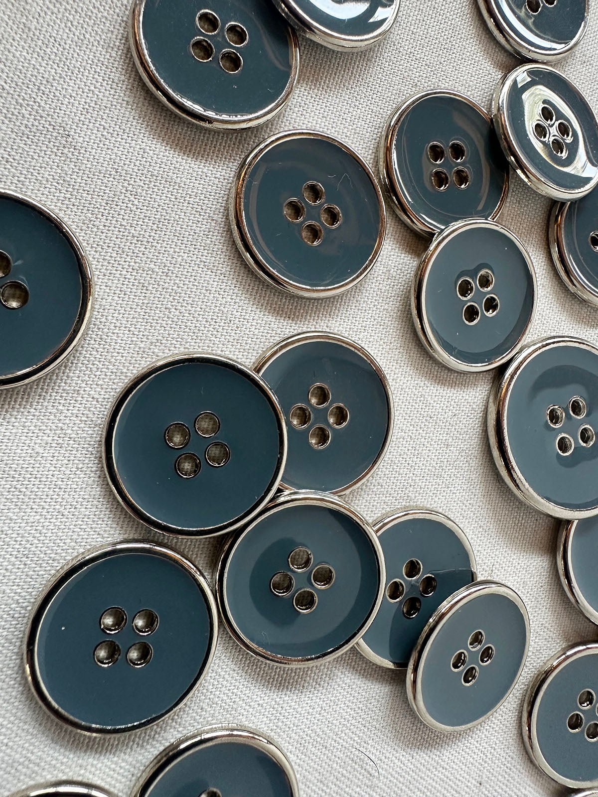 Chrome with Blue Grey Enamel Center Buttons - L'Etoffe Fabrics LLC