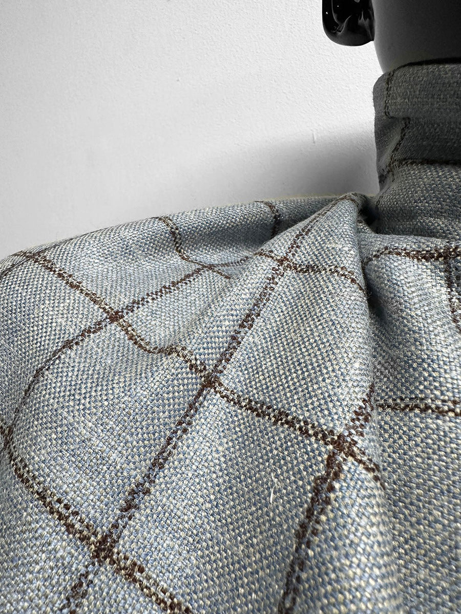 Classic Italian Check Silk Linen Virgin Wool Suiting - Blue, Tan - L'Etoffe Fabrics LLC