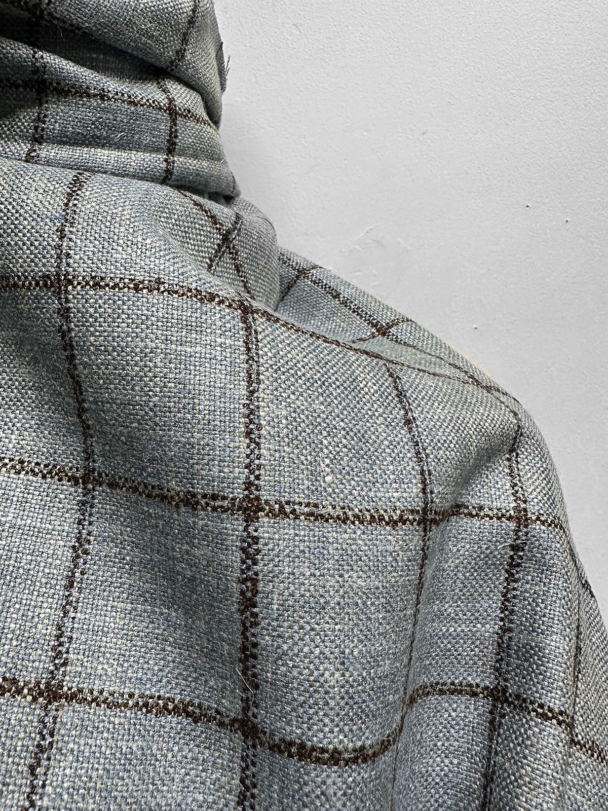 Classic Italian Check Silk Linen Virgin Wool Suiting - Blue, Tan - L'Etoffe Fabrics LLC