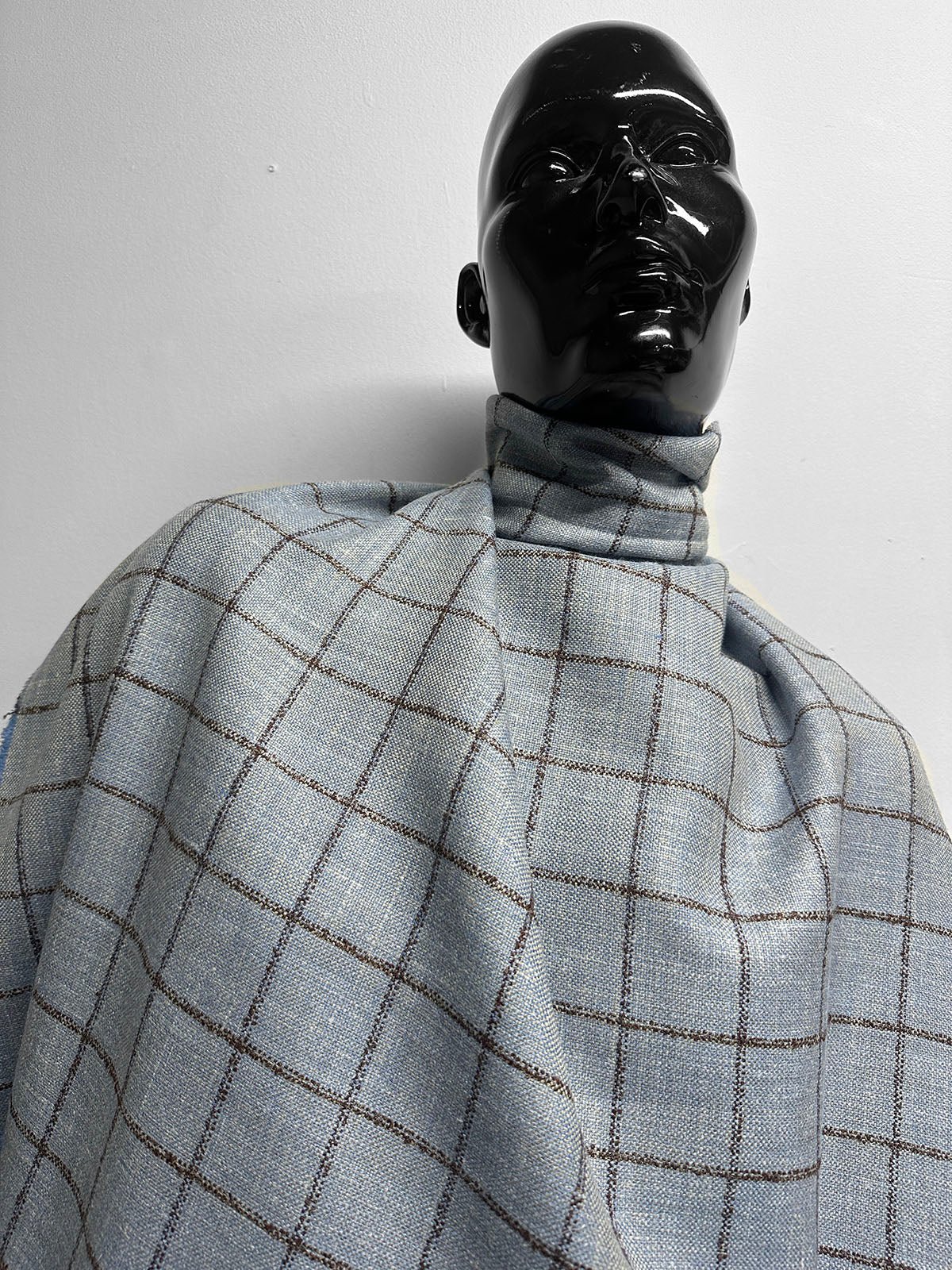 Classic Italian Check Silk Linen Virgin Wool Suiting - Blue, Tan - L'Etoffe Fabrics LLC