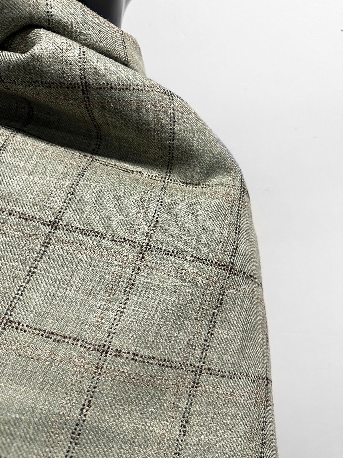 Classic Italian Check Silk Linen Virgin Wool Suiting - Sage, Tan - L'Etoffe Fabrics LLC