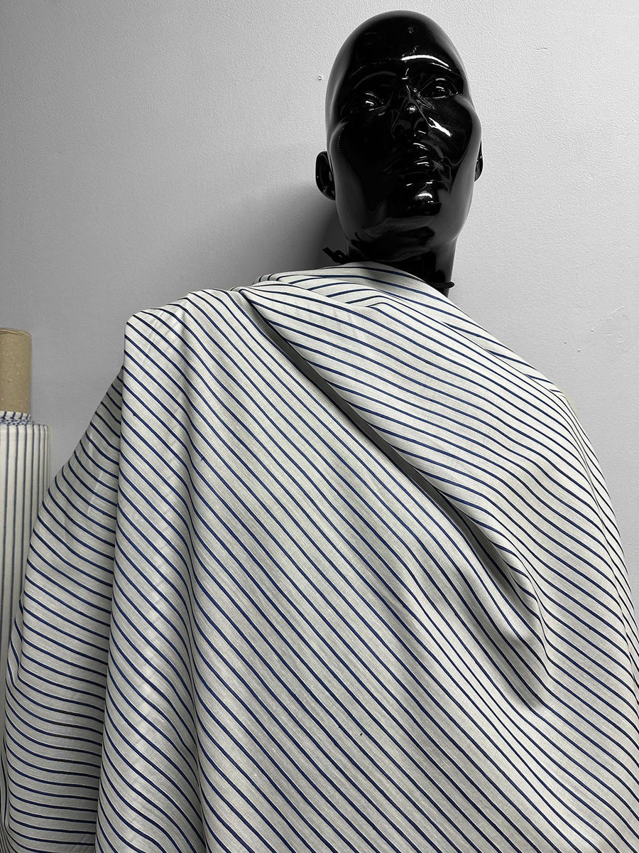 Fine Italian Cotton Shirting Blue Striped - L'Etoffe Fabrics LLC