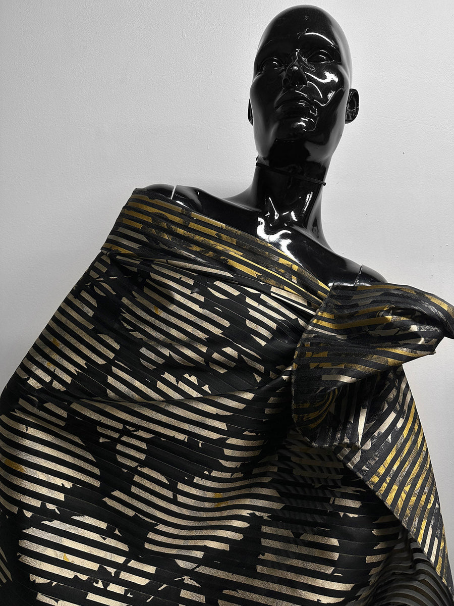 Floral Shadow Satin Stripe Organza - Golden - L'Etoffe Fabrics LLC