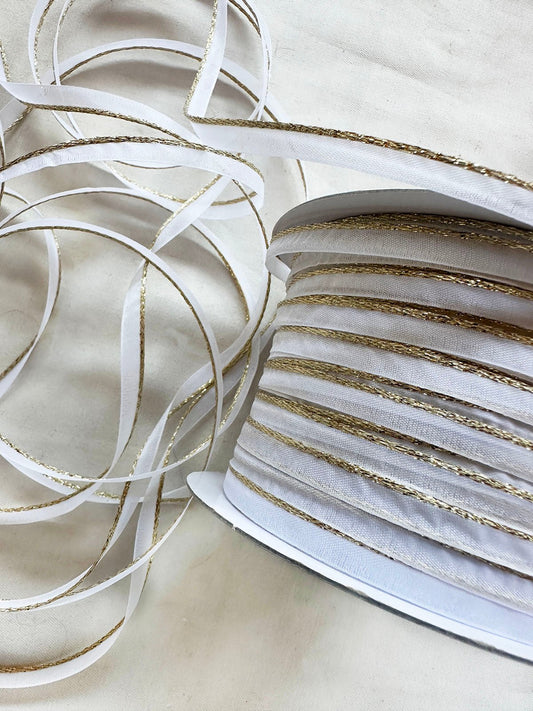 Gold Sparkle White Organdy Piping - L'Etoffe Fabrics LLC